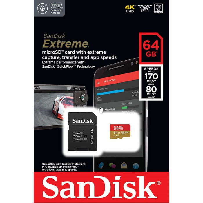 Cartão de Memória Micro SD com Adaptador SanDisk Extreme 64 GB